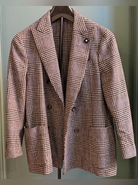 $1,595 Lardini Double-Breasted Plaid Sport Coat Blazer Peak Lapel Black Tan 54